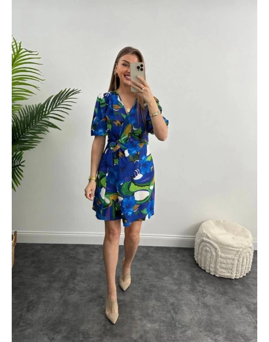 MOSS KREP ÇİÇEKLİ ELBİSE-MAVİ