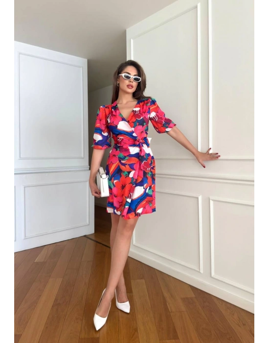 MOSS KREP ÇİÇEKLİ ELBİSE-MAVİ