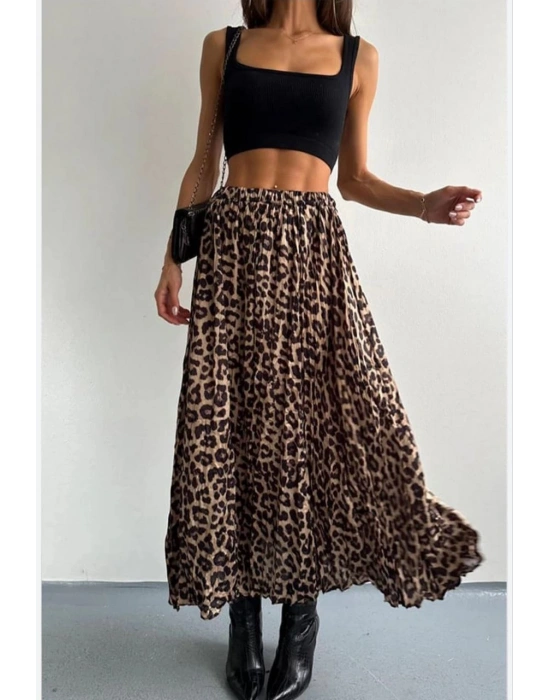 PİLELİ SATEN KUMAŞ BELİ LASTİKLİ LEOPAR ETEK
