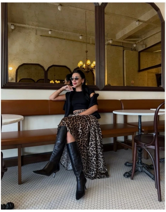 PİLELİ SATEN KUMAŞ BELİ LASTİKLİ LEOPAR ETEK