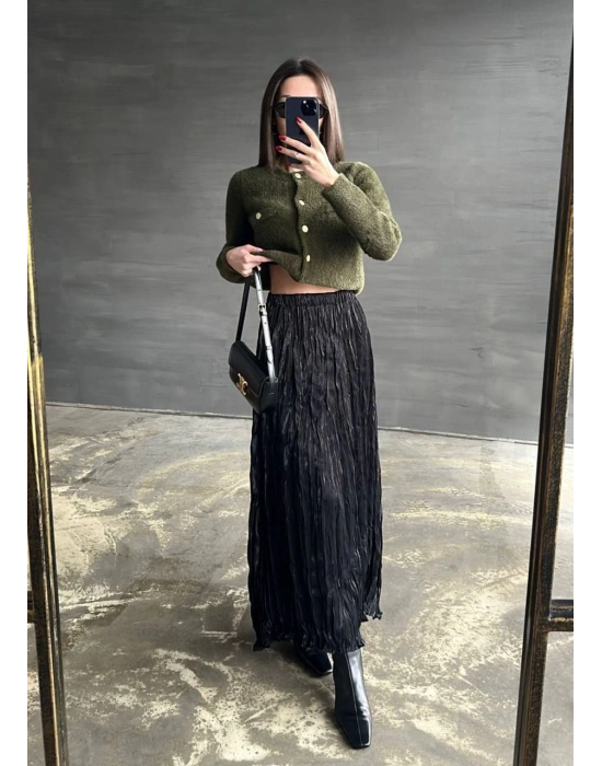 PİLELİ SATEN KUMAŞ BELİ LASTİKLİ SİYAHETEK