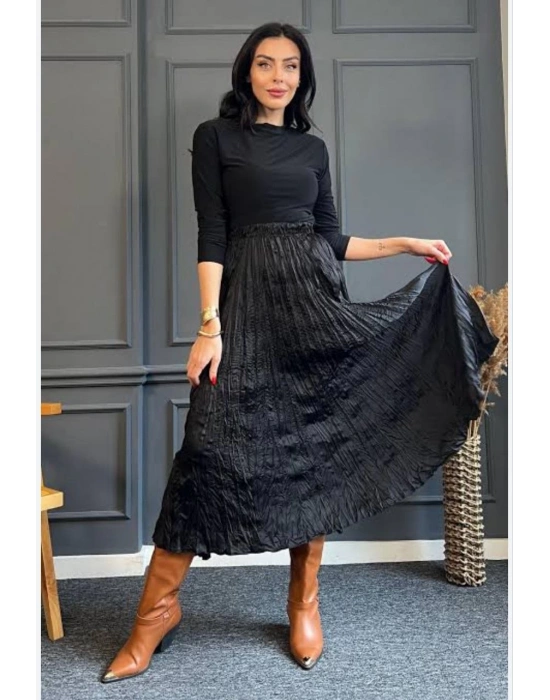 PİLELİ SATEN KUMAŞ BELİ LASTİKLİ SİYAHETEK