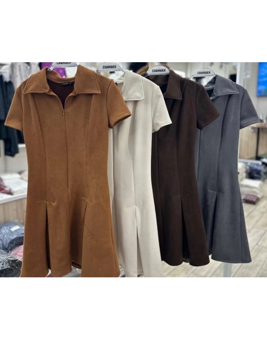 POLO YAKA NUBUK KUMAŞ ELBİSE EKRU