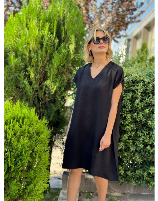 SALAŞ KALIP V YAKA KETEN ELBİSE SİYAH