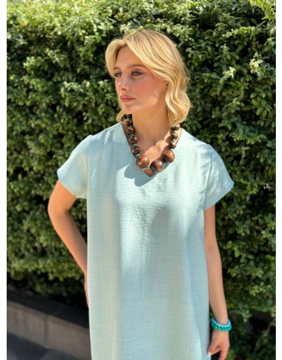 SALAŞ KALIP V YAKA KETEN ELBİSE MİNT