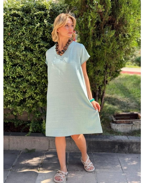 SALAŞ KALIP V YAKA KETEN ELBİSE MİNT