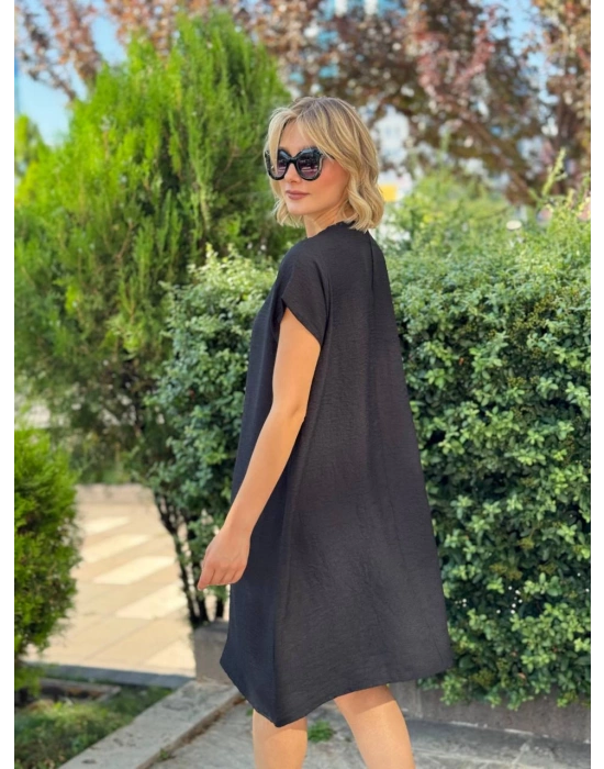 SALAŞ KALIP V YAKA KETEN ELBİSE SİYAH