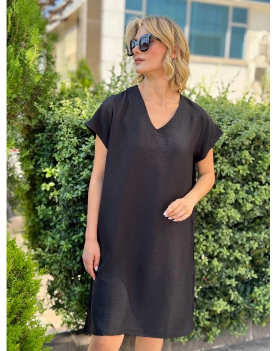 SALAŞ KALIP V YAKA KETEN ELBİSE SİYAH