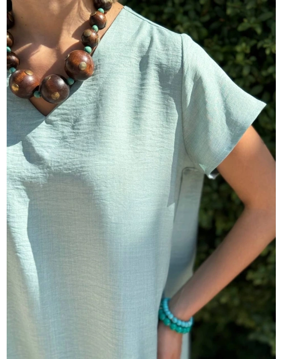 SALAŞ KALIP V YAKA KETEN ELBİSE MİNT