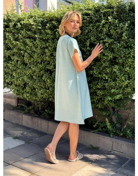 SALAŞ KALIP V YAKA KETEN ELBİSE MİNT