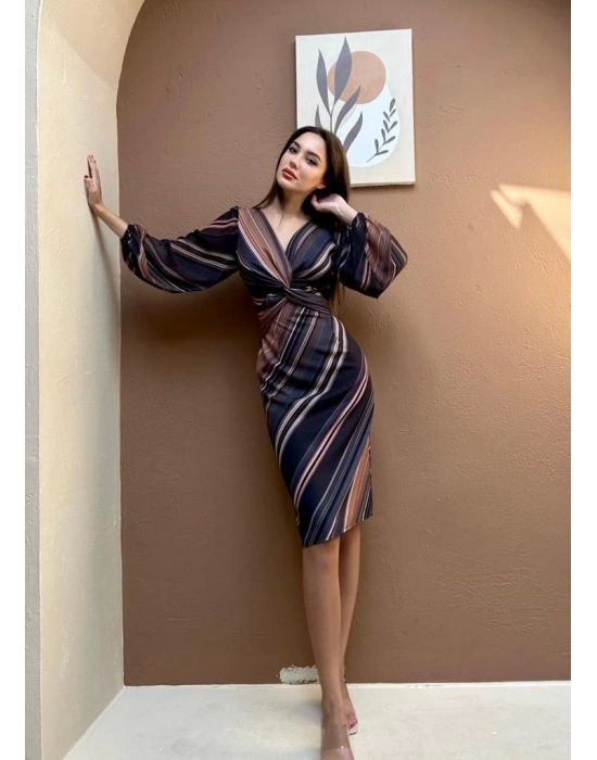 Şifon Kol Kruvaze Elbise Çizgili