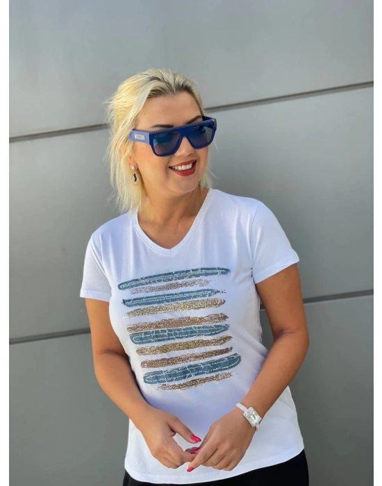 V YAKA KOT DETAY PULLU TİŞÖRT BEYAZ