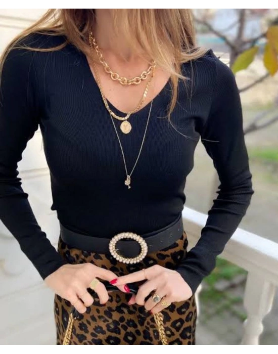 V YAKA LİKRAKI ETEK UCU FİTİLLİ BASİC TRİKO FUŞYA