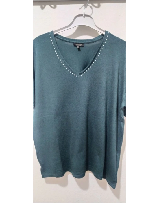 V YAKA TAŞ İŞLEMELİ PETROL BLUZ