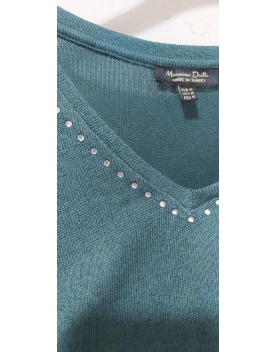 V YAKA TAŞ İŞLEMELİ PETROL BLUZ