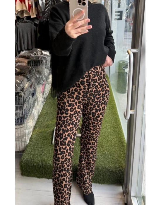 YÜKSEK BEL LİKRALI PALAZZO LEOPAR PANTOLON