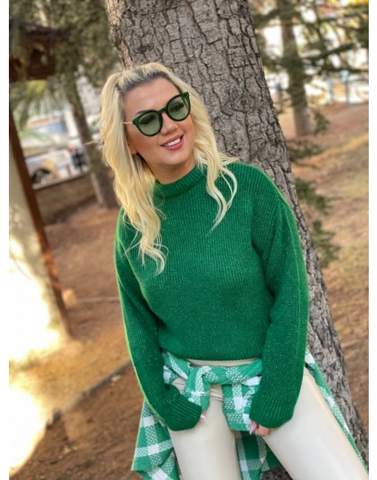 Yeşil Simli Sıfır Yaka Yün Kazak