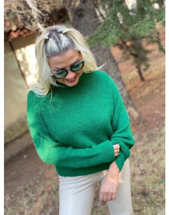 Yeşil Simli Sıfır Yaka Yün Kazak