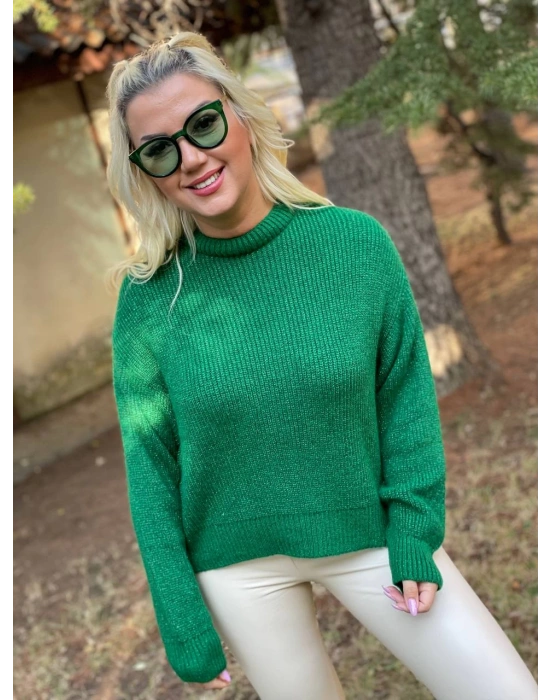 Yeşil Simli Sıfır Yaka Yün Kazak