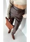 Beli Lastikli Deri Pantolon-Kahve