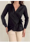 İpek Saten Kruvaze Gömlek-Siyah