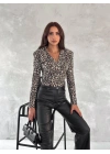 LEOPAR DESEN KRUVAZE YAKA VATKALI BASİC BLUZ