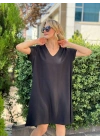 SALAŞ KALIP V YAKA KETEN ELBİSE SİYAH