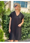 SALAŞ KALIP V YAKA KETEN ELBİSE SİYAH