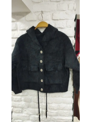 DİLVİN MODEL KAPŞONLU SAKAL TRİKO CEKET SİYAH