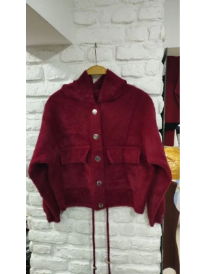 DİLVİN MODEL KAPŞONLU SAKAL TRİKO CEKET BORDO