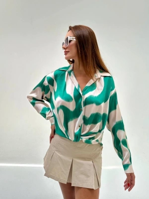 Baskılı Düğümlü İpek Saten Gömlek-Yeşil/Krem