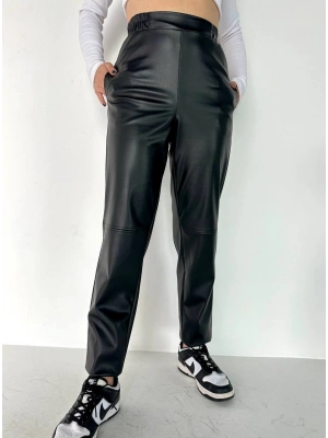 Beli Lastikli Deri Pantolon-Siyah