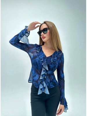 Volanlı Tül Bluz-Mavi