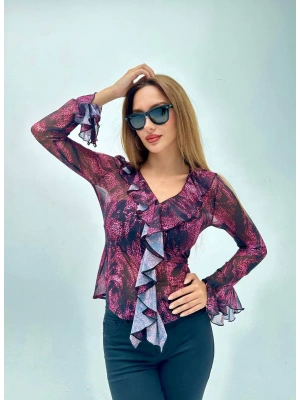 Volanlı Tül Bluz-Astarsız