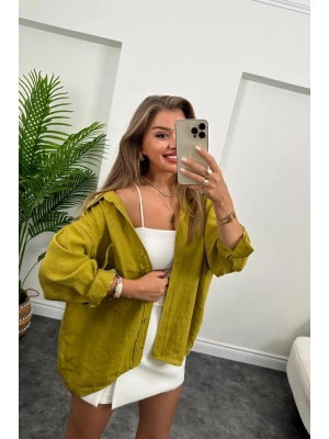 DÜŞÜK OMUZ OVERSİZE TENSEL GÖMLEK YAĞ YEŞİLİ