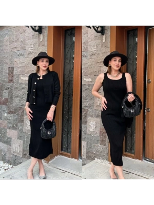 HIRKALI SIFIR YAKA GOLD DÜĞMELİ TRİKO ELBİSE-SİYAH