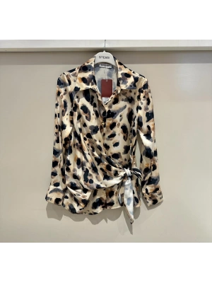 İpek Saten Düğümlü Gömlek-Leopar