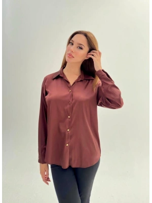 İpek Saten Düğümlü Gömlek-Kahve