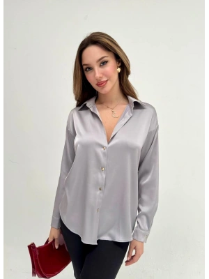 İpek Saten Gömlek - Gri