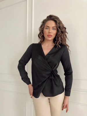 İpek Saten Kruvaze Gömlek-Siyah