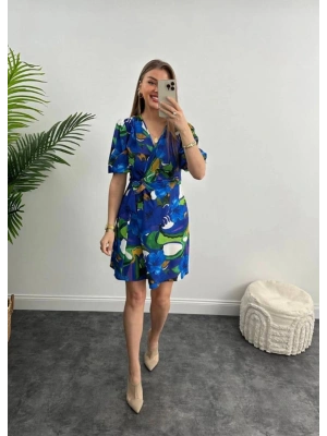 MOSS KREP ÇİÇEKLİ ELBİSE-MAVİ