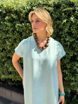 SALAŞ KALIP V YAKA KETEN ELBİSE MİNT