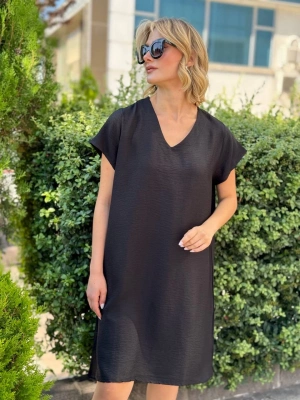 SALAŞ KALIP V YAKA KETEN ELBİSE SİYAH