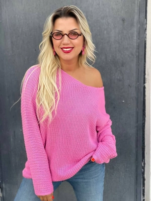 Selanik Örgü Yarasa Kol Kazak Pembe