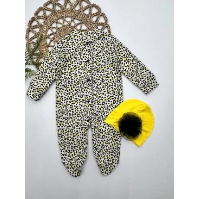 0-3-6-9 Ay Leopar Baskılı Tam Boy Çıtçıtlı Patikli Güllü Boneli Kız Bebek Tulumu