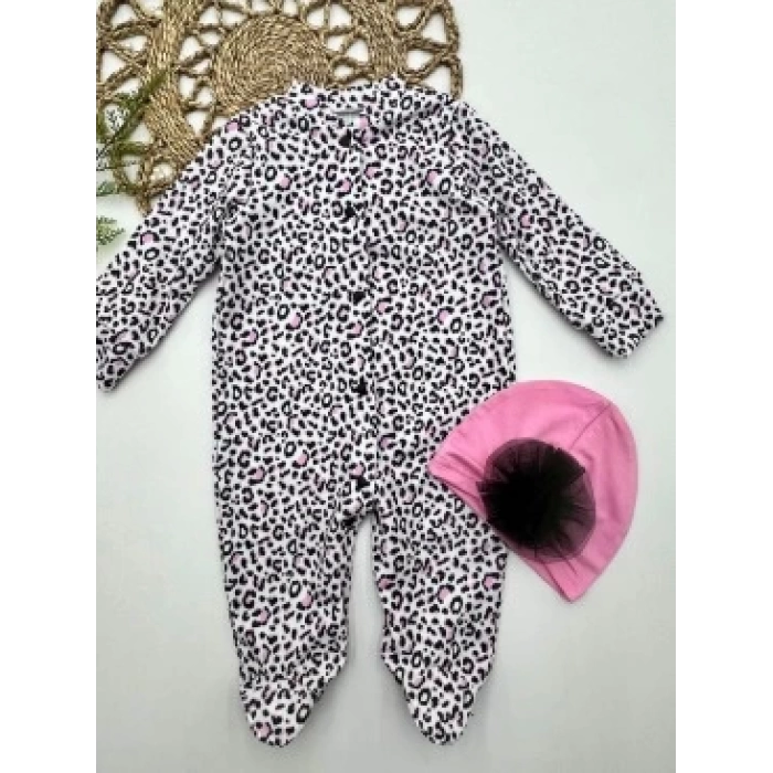 0-3-6-9 Ay Leopar Baskılı Tam Boy Çıtçıtlı Patikli Güllü Boneli Kız Bebek Tulumu