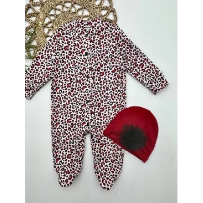 0-3-6-9 Ay Leopar Baskılı Tam Boy Çıtçıtlı Patikli Güllü Boneli Kız Bebek Tulumu