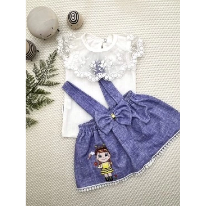 1-2-3 Yaş Bayan Arı Nakışlı Kot Desenli Etek Pamuklu Kumaş 2li Kız Bebek Salopet Takımı