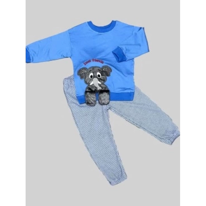 1-2-3 Yaş Filli Sallanan Ayak Desenli Likra Penye Kumaş Sweat Pantolonlu Kız Erkek 2li Çocuk Takımı