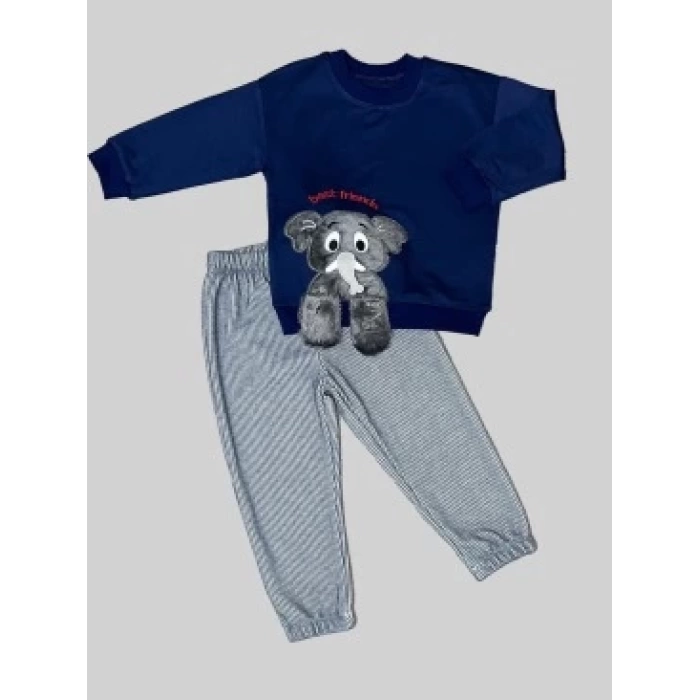1-2-3 Yaş Filli Sallanan Ayak Desenli Likra Penye Kumaş Sweat Pantolonlu Kız Erkek 2li Çocuk Takımı